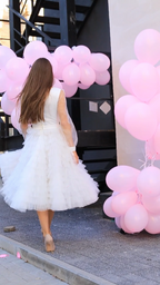 Civil ceremony dress with neckline, sleeves, and ruffles