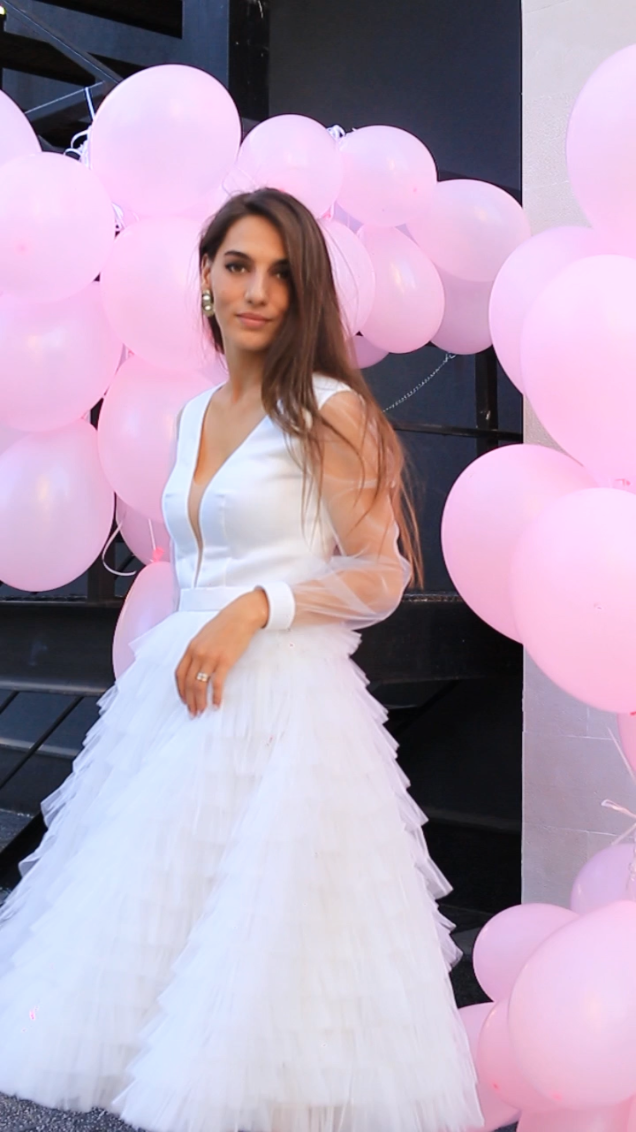 Civil ceremony dress with neckline, sleeves, and ruffles