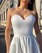 Rochie cununie civila albă midi cu corset din satin regal, șiret la spate.