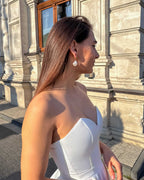 Rochie cununie civila albă midi cu corset din satin regal, șiret la spate.