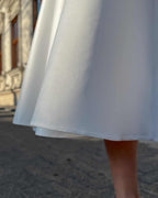 Rochie cununie civila albă midi cu corset din satin regal și cordon detașabil.