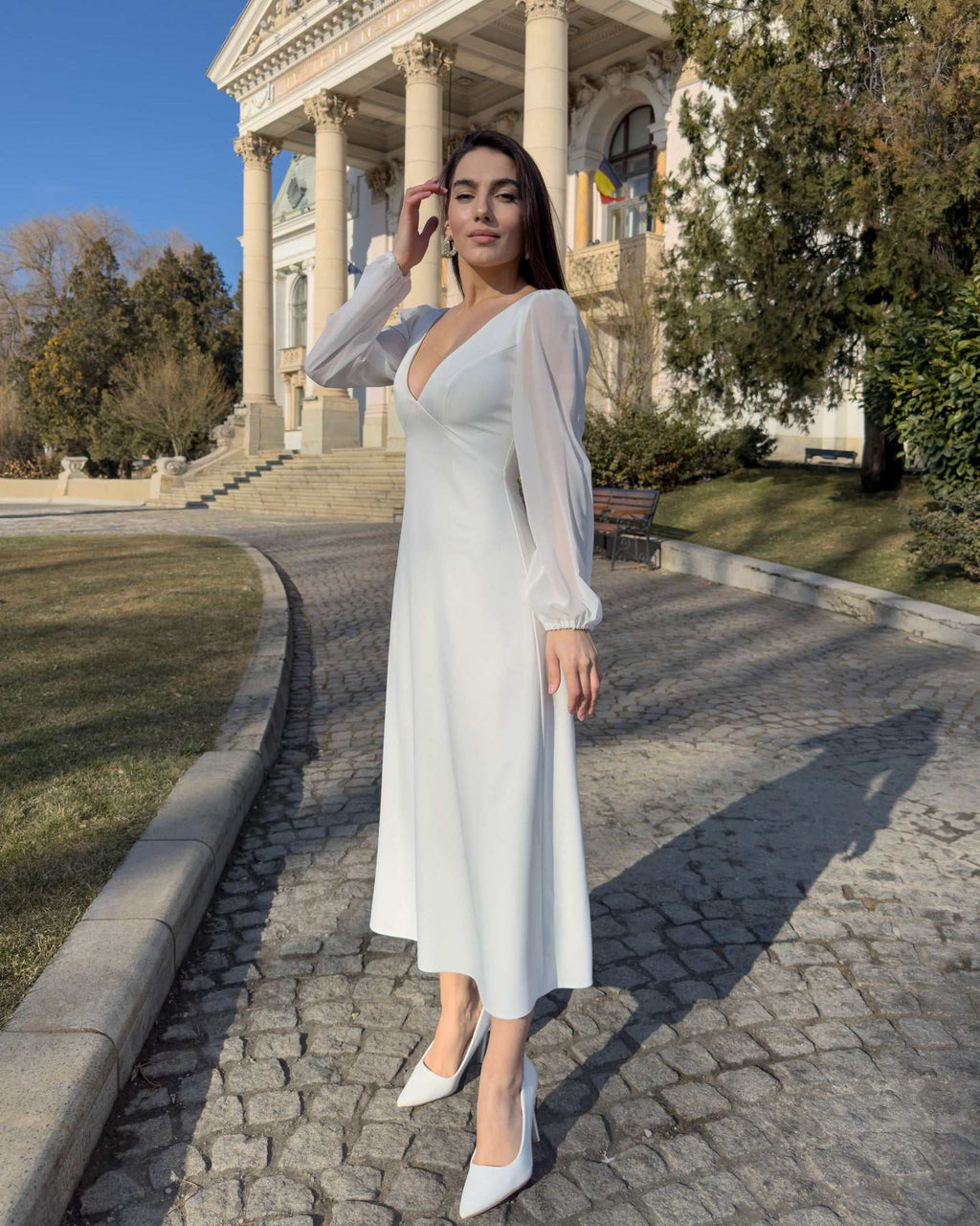White midi dress with long sleeves, V neckline
