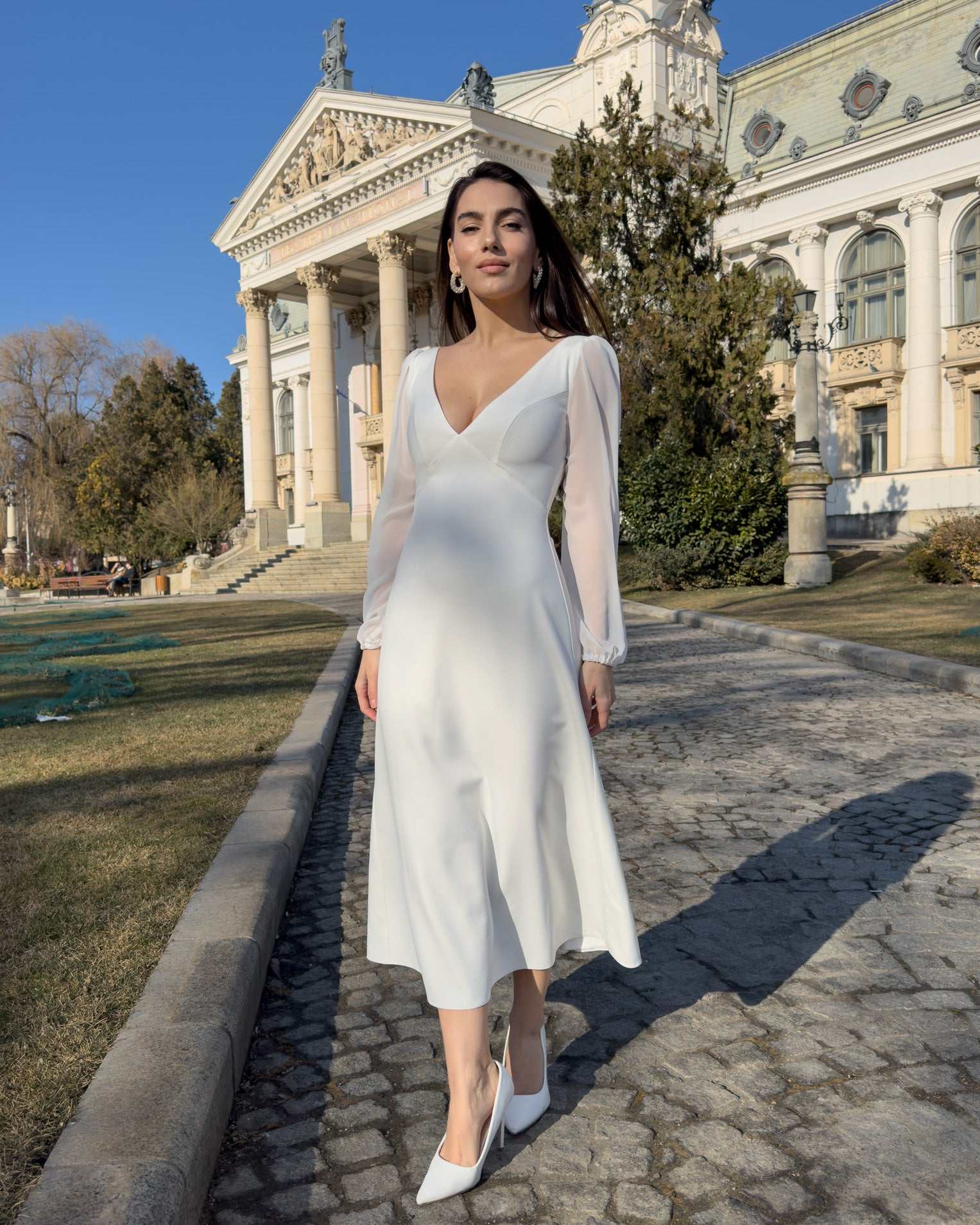 White midi dress with long sleeves, V neckline