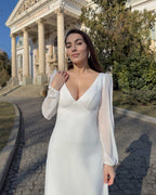 White midi dress with long sleeves, V neckline