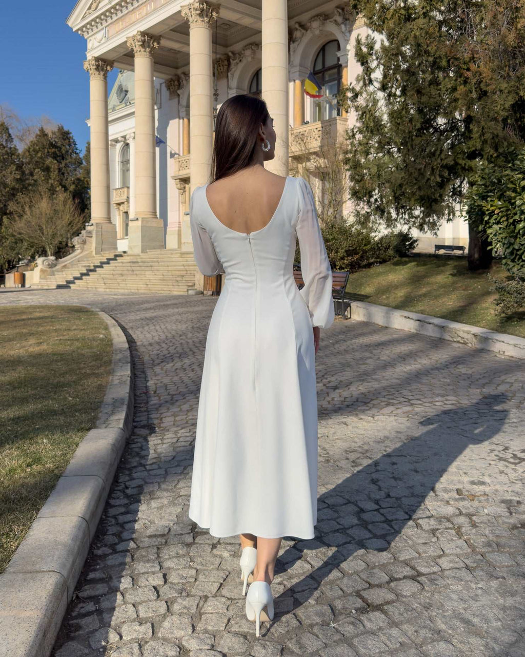 White midi dress with long sleeves, V neckline