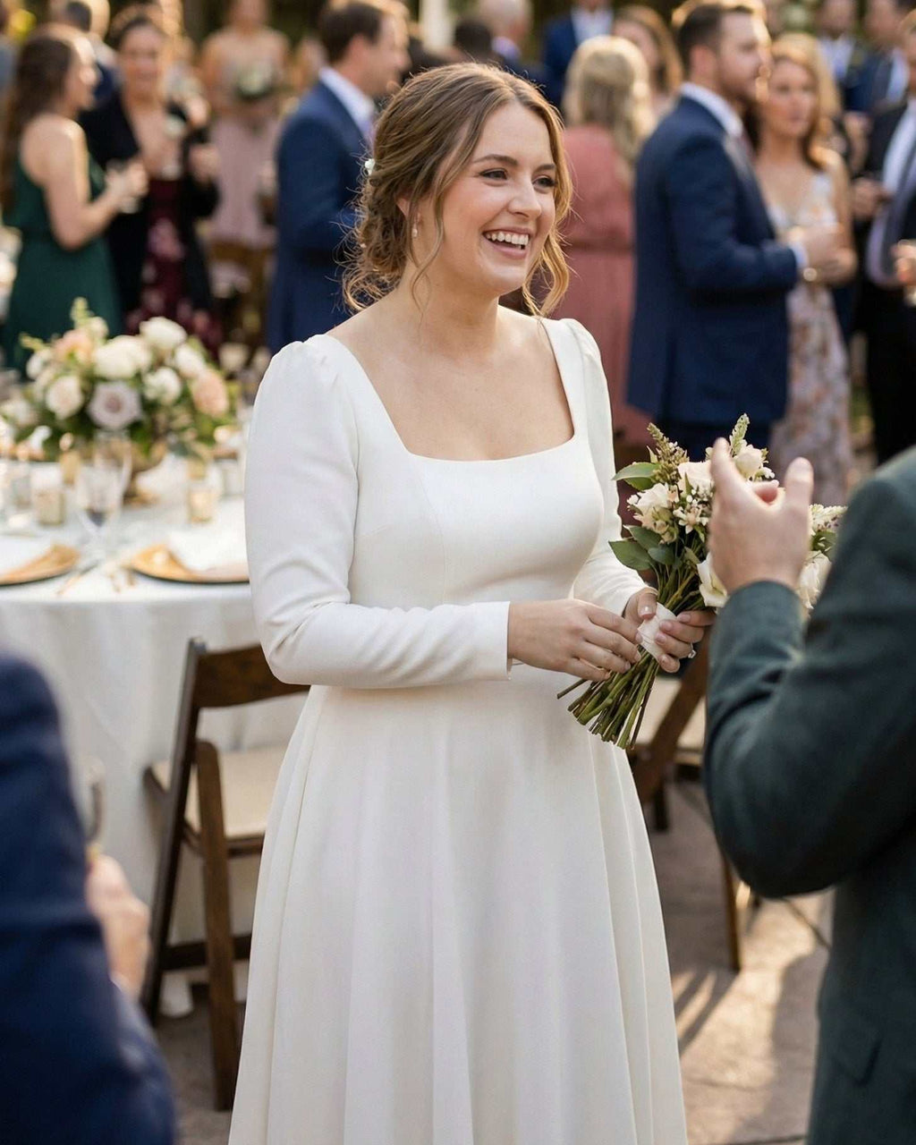 Classic wedding dress, square neckline, long sleeves