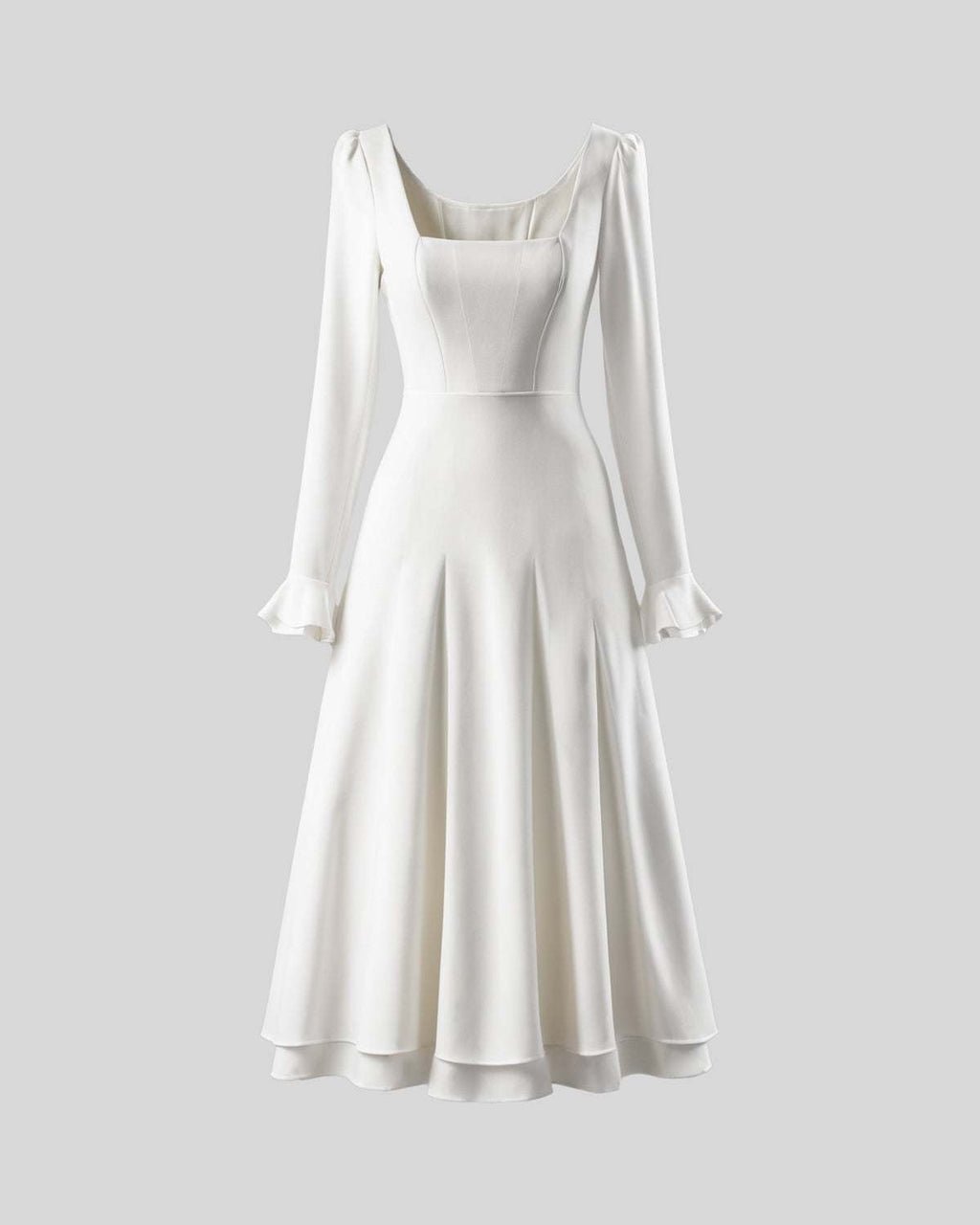 Rochie cununie civila cu mâneci lungi și decolteu elegant, potrivită pentru cununie.