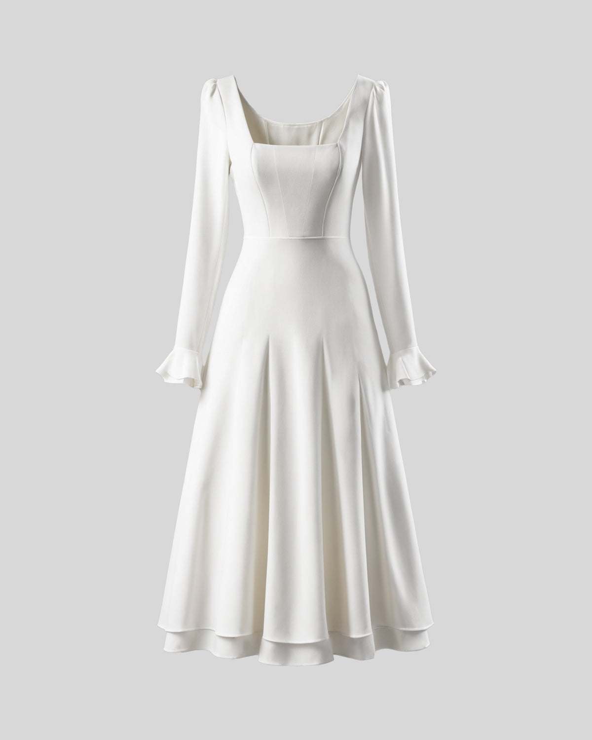 Rochie cununie civila cu mâneci lungi și decolteu elegant, potrivită pentru cununie.