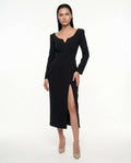 Classic casual elegant black dress with slit, long sleeves