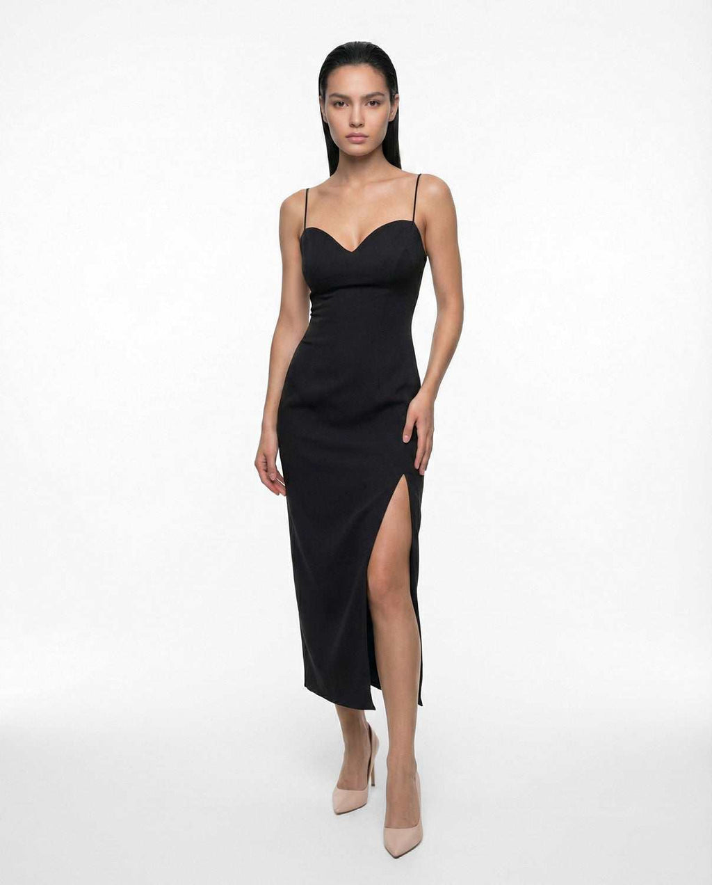 Elegant black midi bodycon dress with straps and side slit