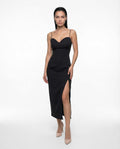 Elegant black midi bodycon dress with straps and side slit