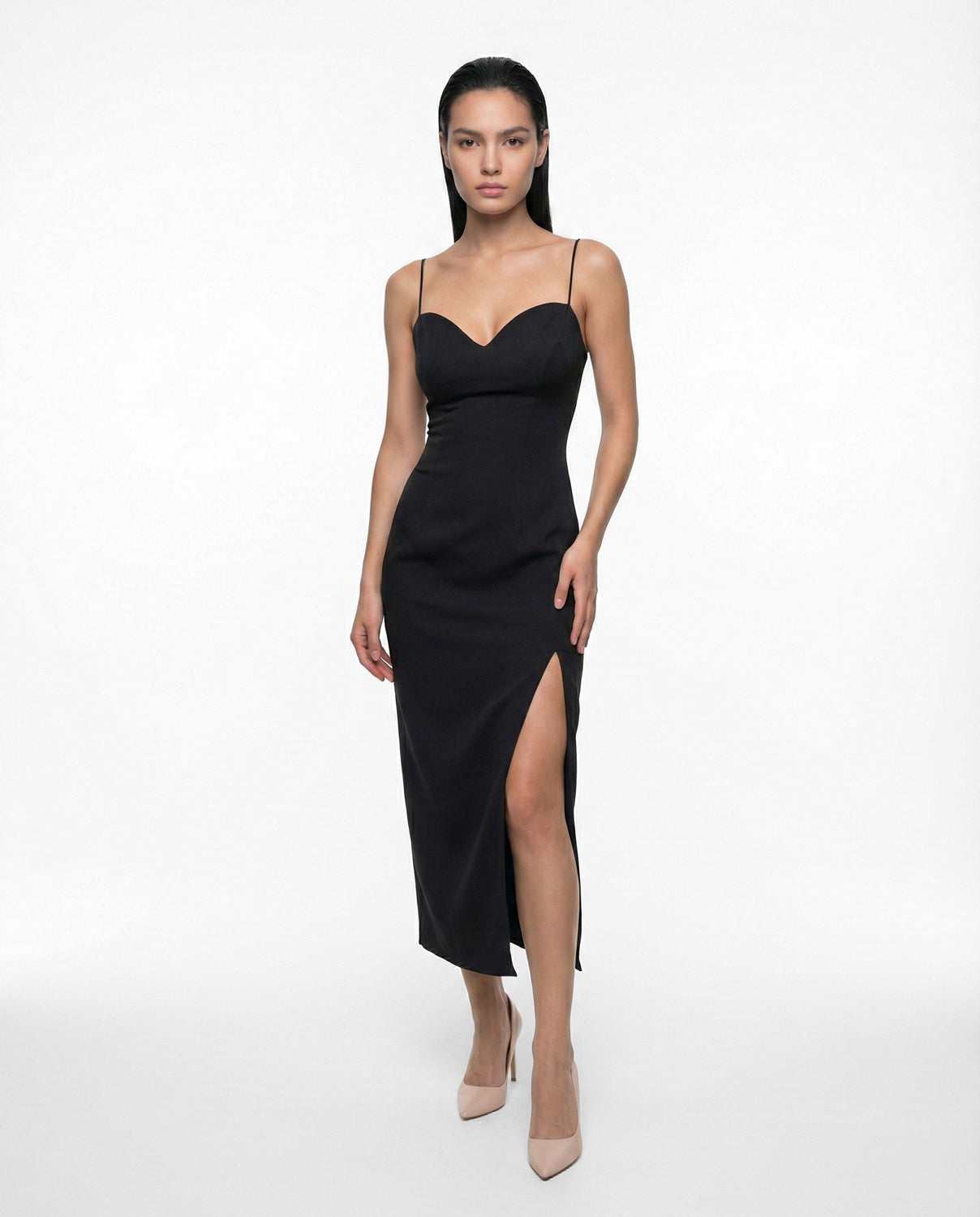Elegant black midi bodycon dress with straps and side slit