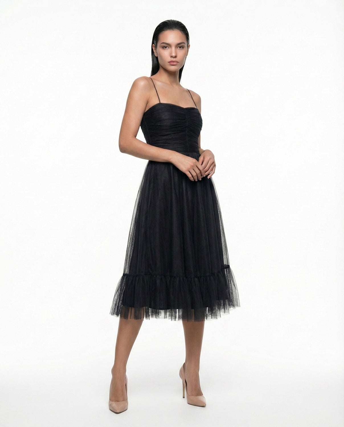 Elegant black midi occasion dress with corset