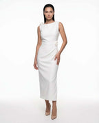 White sleeveless midi dress with a fitted silhouette, elegant wrap design