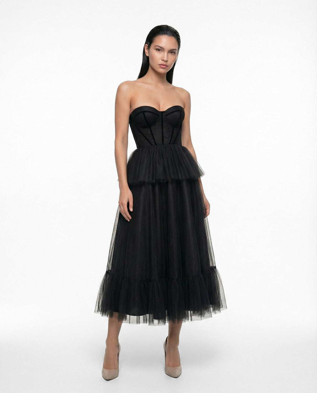 Elegant black midi party dress with corset and fine lace