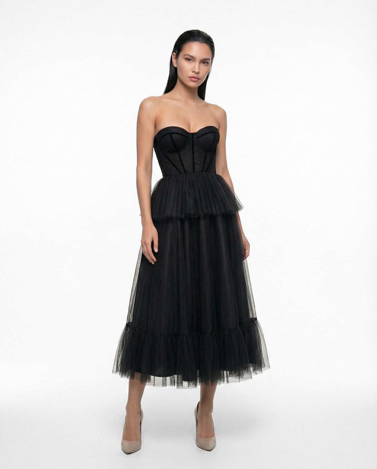 Elegant black midi party dress with corset and fine lace