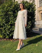 White midi civil ceremony dress with lace sleeves