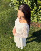 White midi civil ceremony dress with lace sleeves