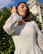 White midi civil ceremony dress with lace sleeves