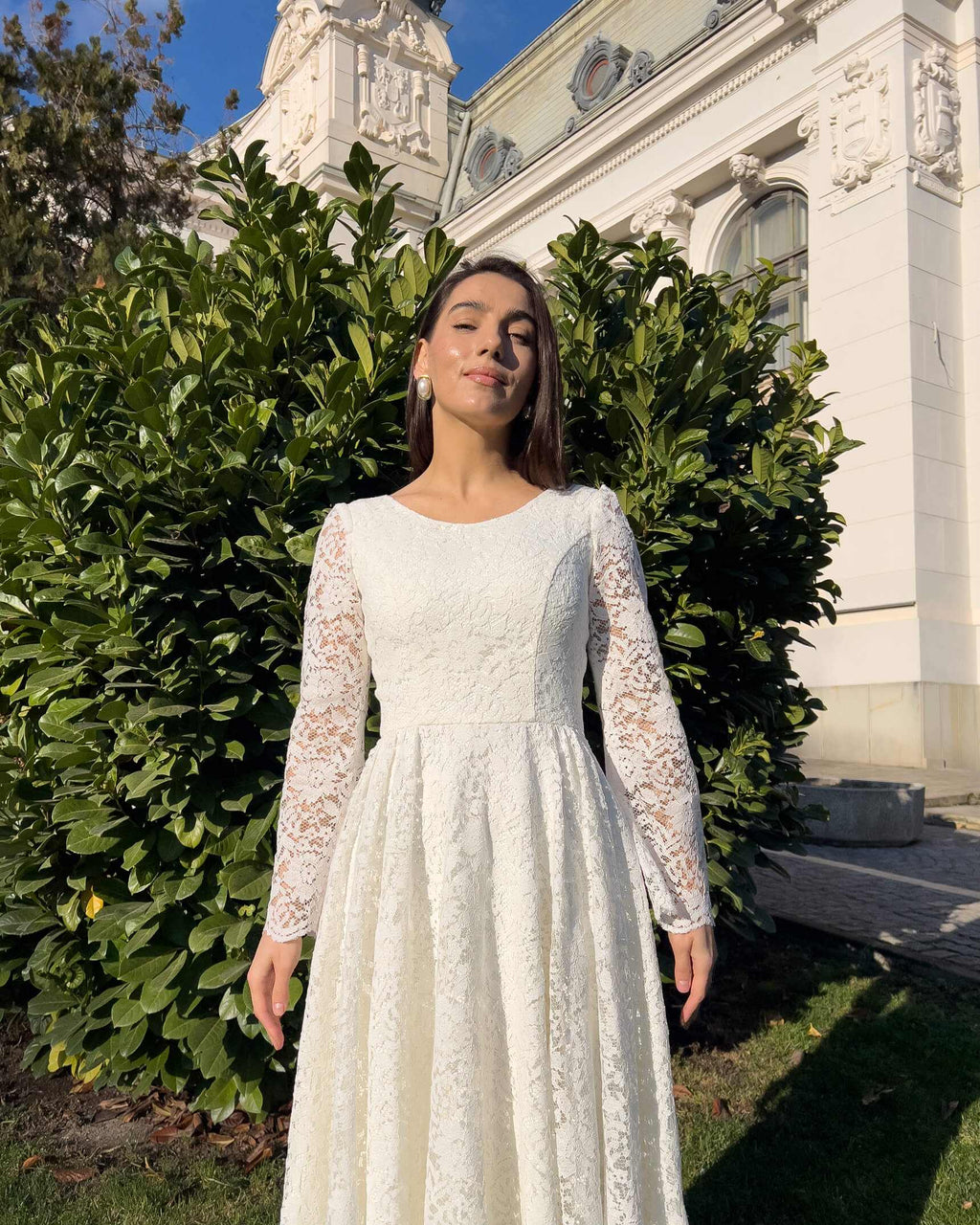 White midi civil ceremony dress with lace sleeves