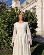 White midi civil ceremony dress with lace sleeves
