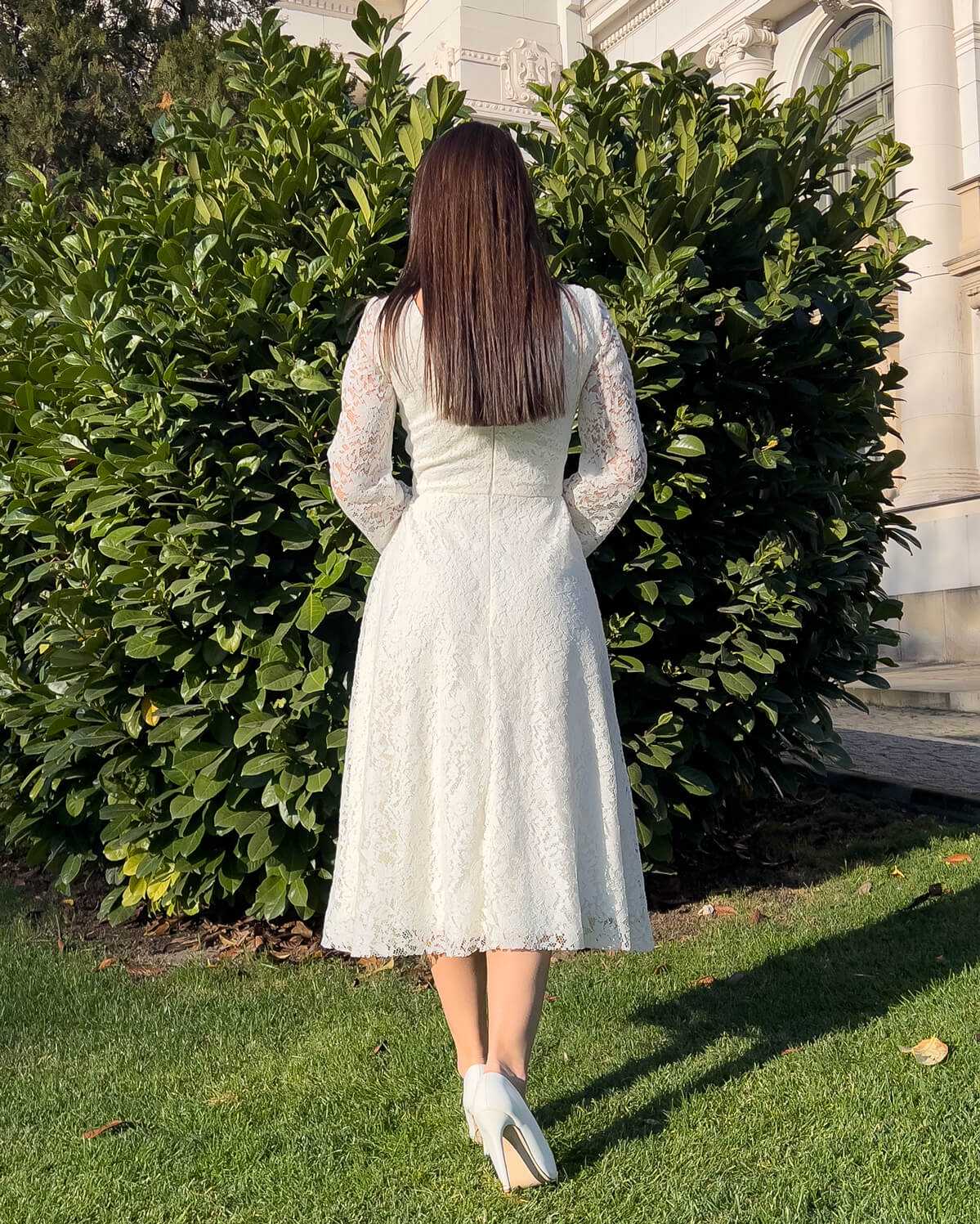 White midi civil ceremony dress with lace sleeves