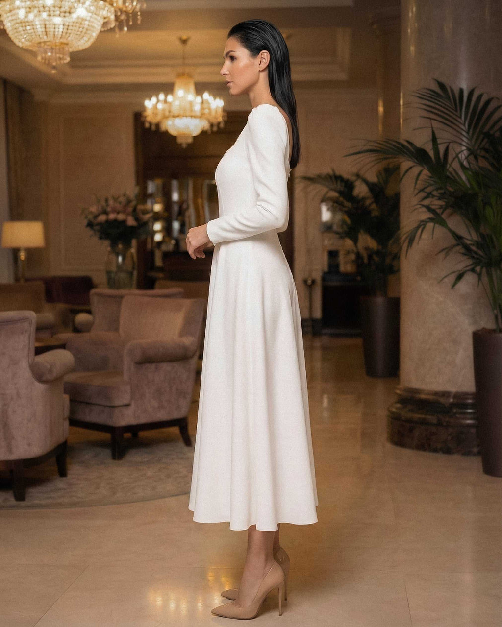 White midi dress with long sleeves made of crepe for civil and religious wedding