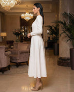 White midi dress with long sleeves made of crepe for civil and religious wedding