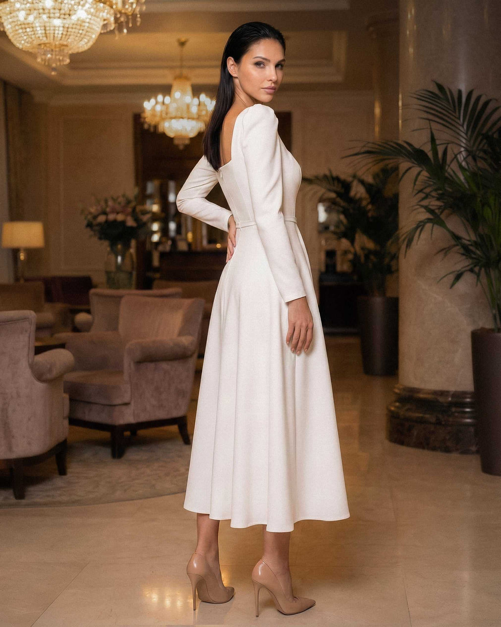 White midi dress with long sleeves made of crepe for civil and religious wedding