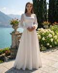 Long A-line wedding dress, adjustable corset, long voile sleeves