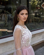 Rochie eleganta cununie civilă midi cu corset din satin și dantelă.