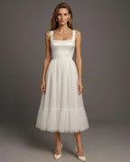 rochie cununie civila midi eleganta cu corset reglabil si tul delicat alba